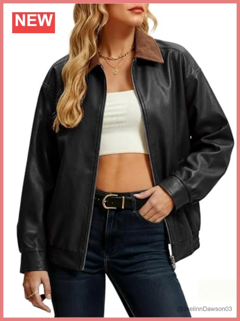 Faux Leather Oversized Bomber Jacket Corduroy Collar Zip Up Women